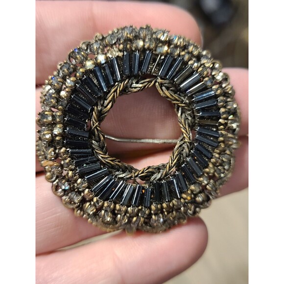 Vintage Signed Miriam Haskell Brooch Dark Grey Bugle Beads Clear Paste - Picture 1 of 3